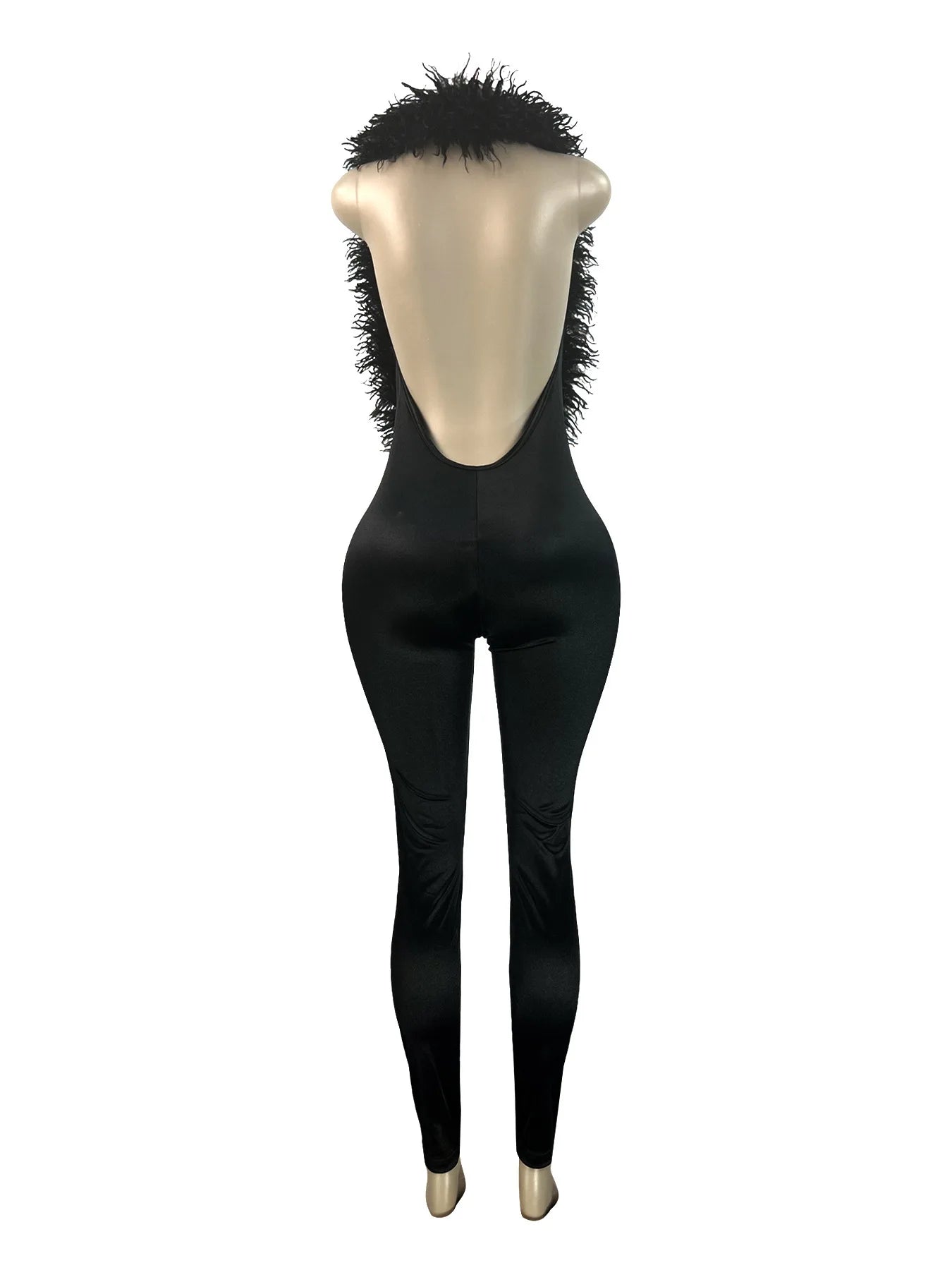 FAGADOER Winter New Sexy Fur Patchwork Bodycon Jumpsuits Woman Halter Deep V-neck Sleeveless Rompers Female Streetwear Overalls