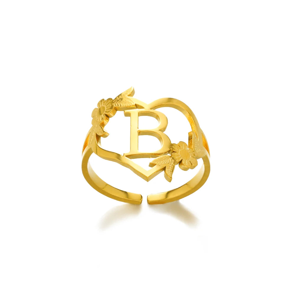 Stainless Steel Gold Color Heart A-Z Letter Rings For Women Anillos Mujer Love Open Initials Name Alphabet Ring Jewelry Gift