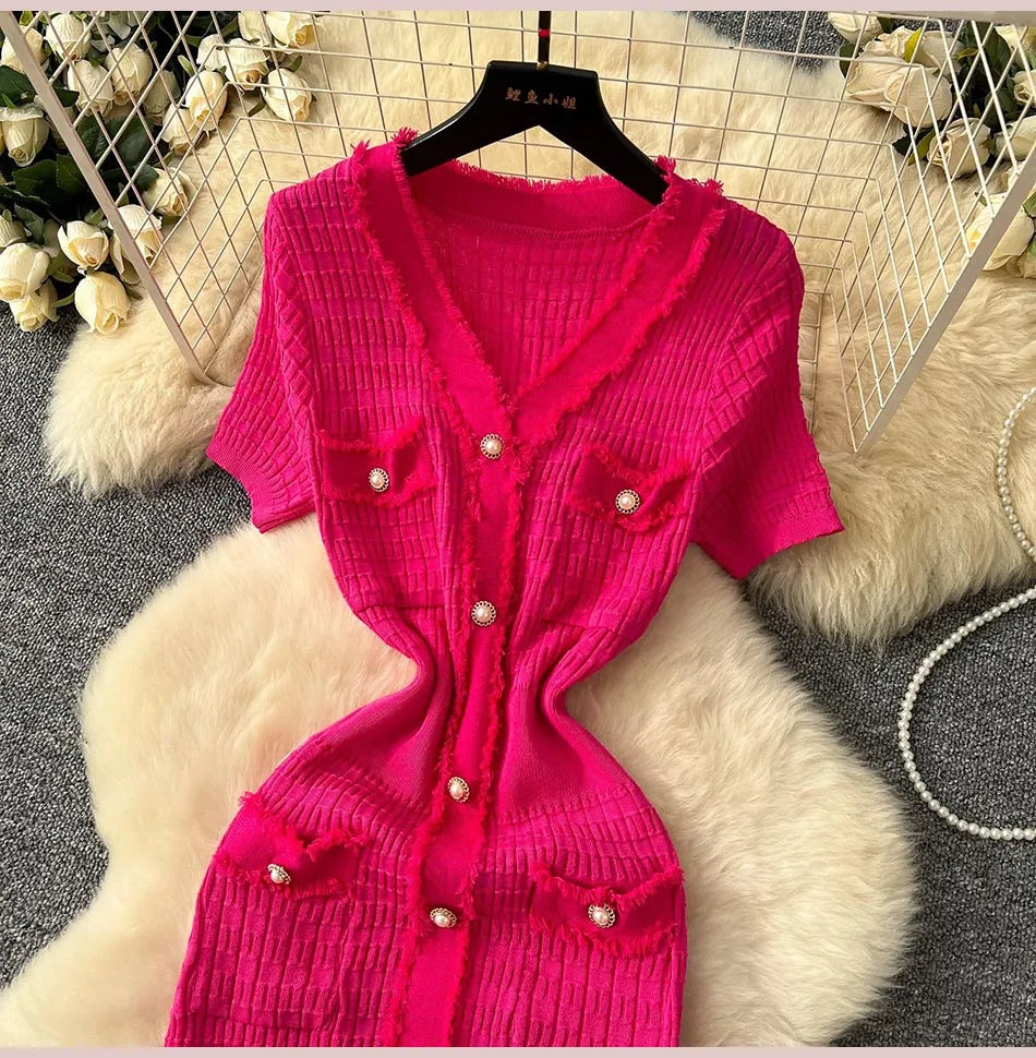 2025 New Arrival Women Knitted Long Dress Elegant V-neck Single-breasted Split Sweater Dress Office Lady Vestidos