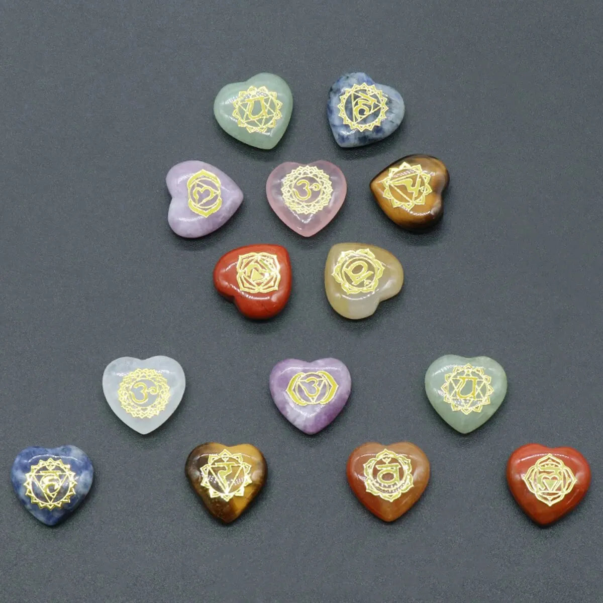 7pc/Pack Natural Stone Heart Shape Ornament 7 Chakra Amethyst Tiger Eye Energy Engraved Symbols Reiki Divination Healing 20x20mm