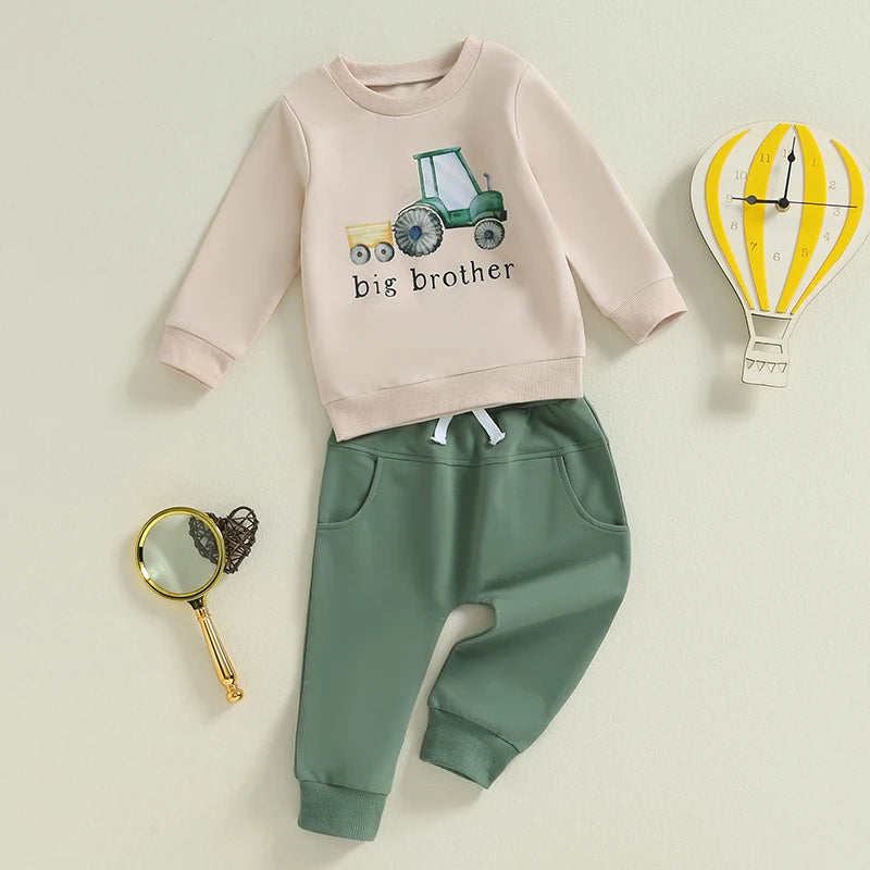 2024-05-31 Lioraitiin Boys Autumn 2PCS Outfit Sets Long Sleeve O Neck Letter Tractor Print Tops Solid Color Pants Sets
