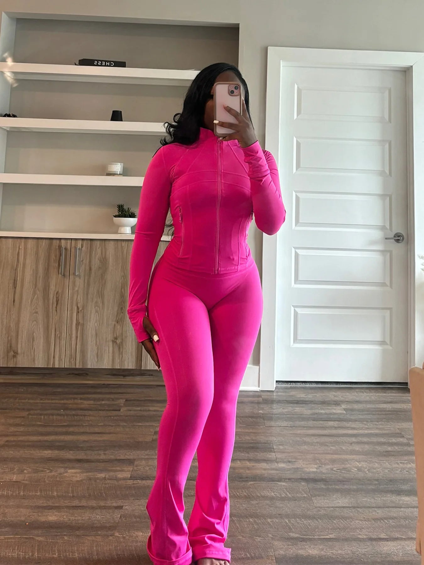 Pant Sets Two Piece Set Women Sexy Slim Fit Zipper Top Stand Collar Solid Sporty Casual Splice Flare Pants Elastic Waist