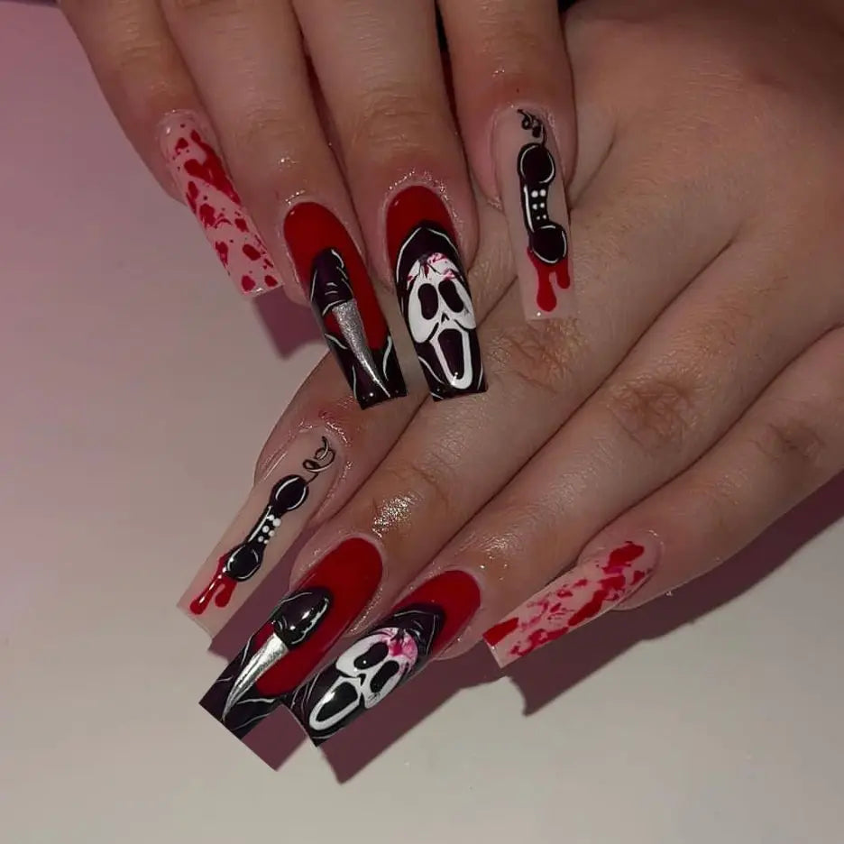24pcs Glitter Pink Sequins Fake Nails 2025 Halloween Scary Skull Love Print False Nails Wearable European Ballet Press on Nails