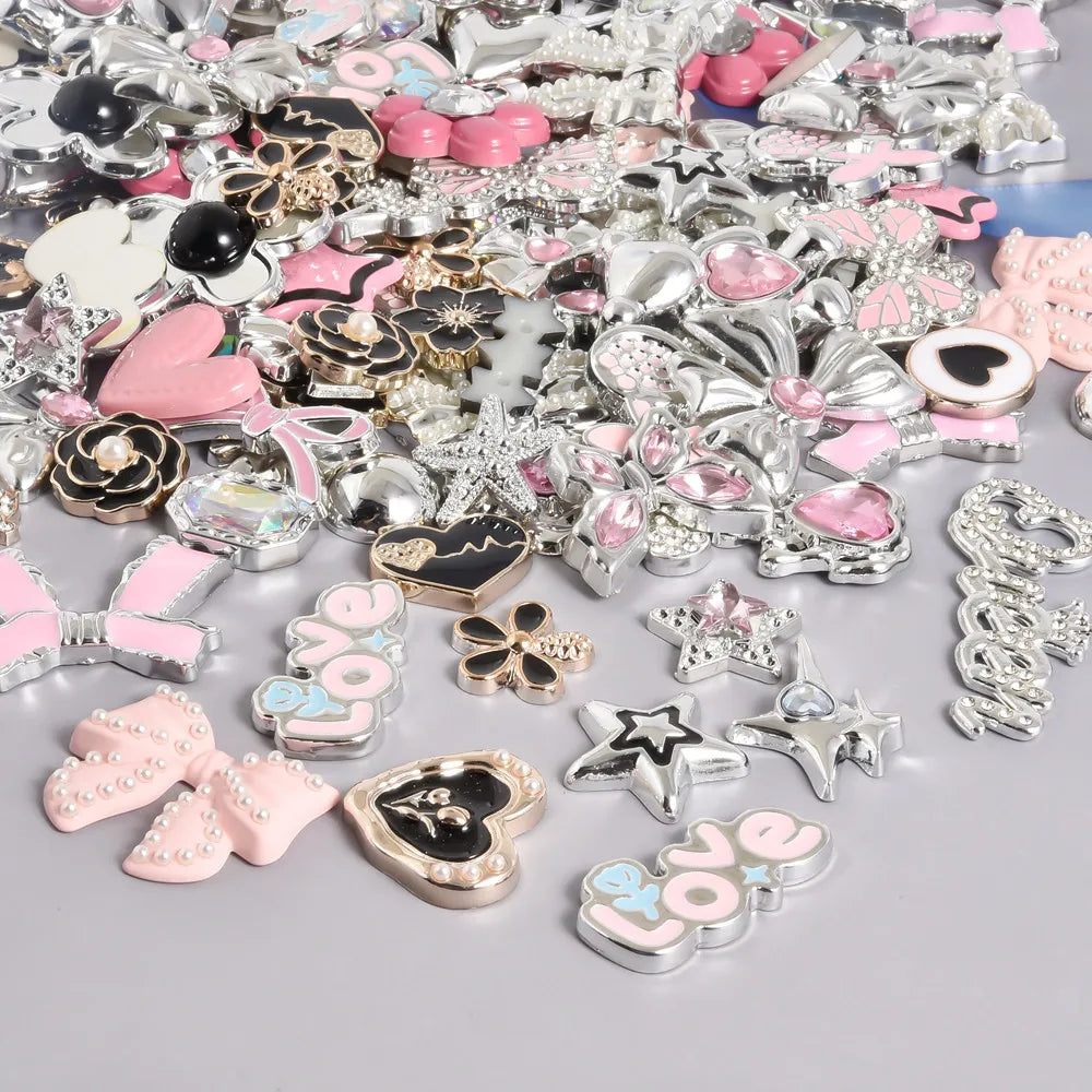 10/20/30/50pcs Random Mix Silver Color Heart Bow Star Charms For Junk Cases Flower Pink Girl Pendant DIY Hairpin Phone Case Bulk