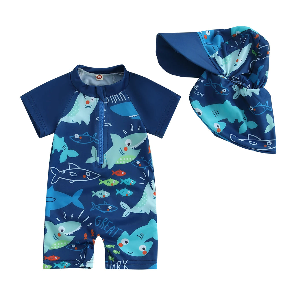 BeQeuewll Toddler Boys Summer Swimming Suit Kids Rash Guard Swimsuit Shark Print Zipper Short Sleeve Kids Bathing Suit with Cap