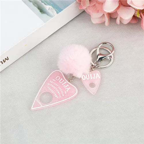 1PC Women Ouija Planchette Keychain Resin Pompom Charms Handbag  Keyring With Puffer Ball Punk Board Crafts