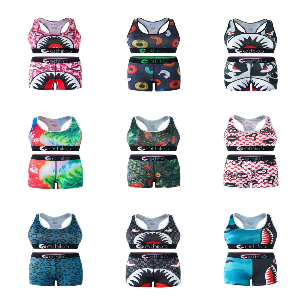 ETHIKA Sets for Woman Bra and Shorts Fashion Print Women's Swimming Fitness Boxers Short Set Plus Size Two Piece Underwear Suit