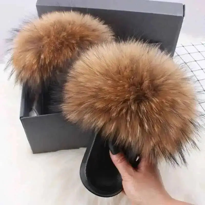 Ladies Real Fox Fur Slippers Summer Female Slides New Fuzzy Indoor Home Flats Women Cute Sandals Outdoor Beach Shoes Flip Flops