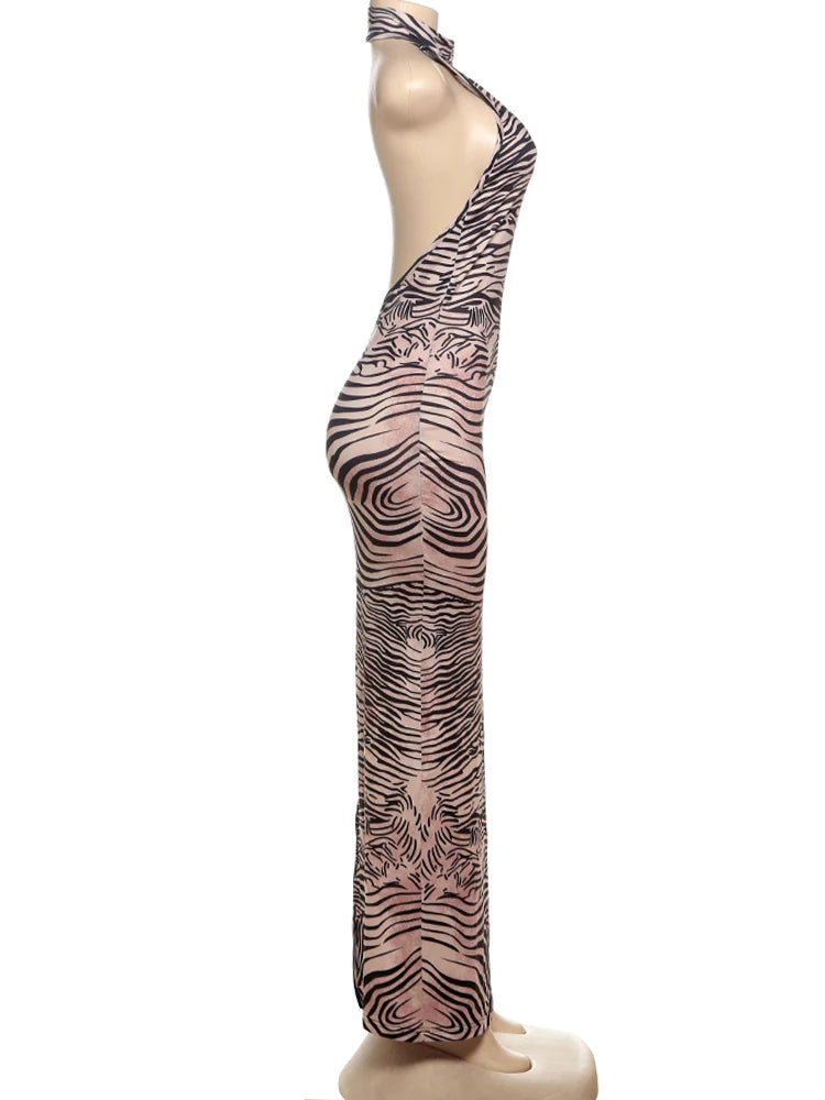 Sisterlinda Stunning Stripe Print Maxi Dress Summer Hipster Halter Backless Straight Skinny Long Robe Female Vintage Sexy Frock