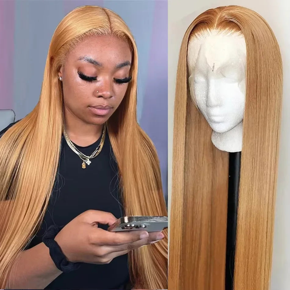 27 Honey Blonde Straight Human Hair Wigs Colored 13X6 Hd Lace Frontal Wig Brazilian Wigs Original 30 Inch Preplucked Prebleached