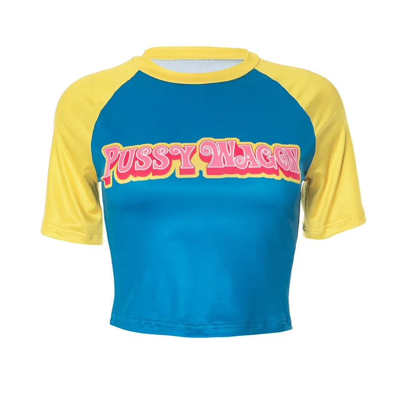 CUTENOVA Letter Printed Color Clashing Round Neck Pullover Spice Girls Short Halter Short Sleeve T-Shirt Tops For Y2K Girls Wear