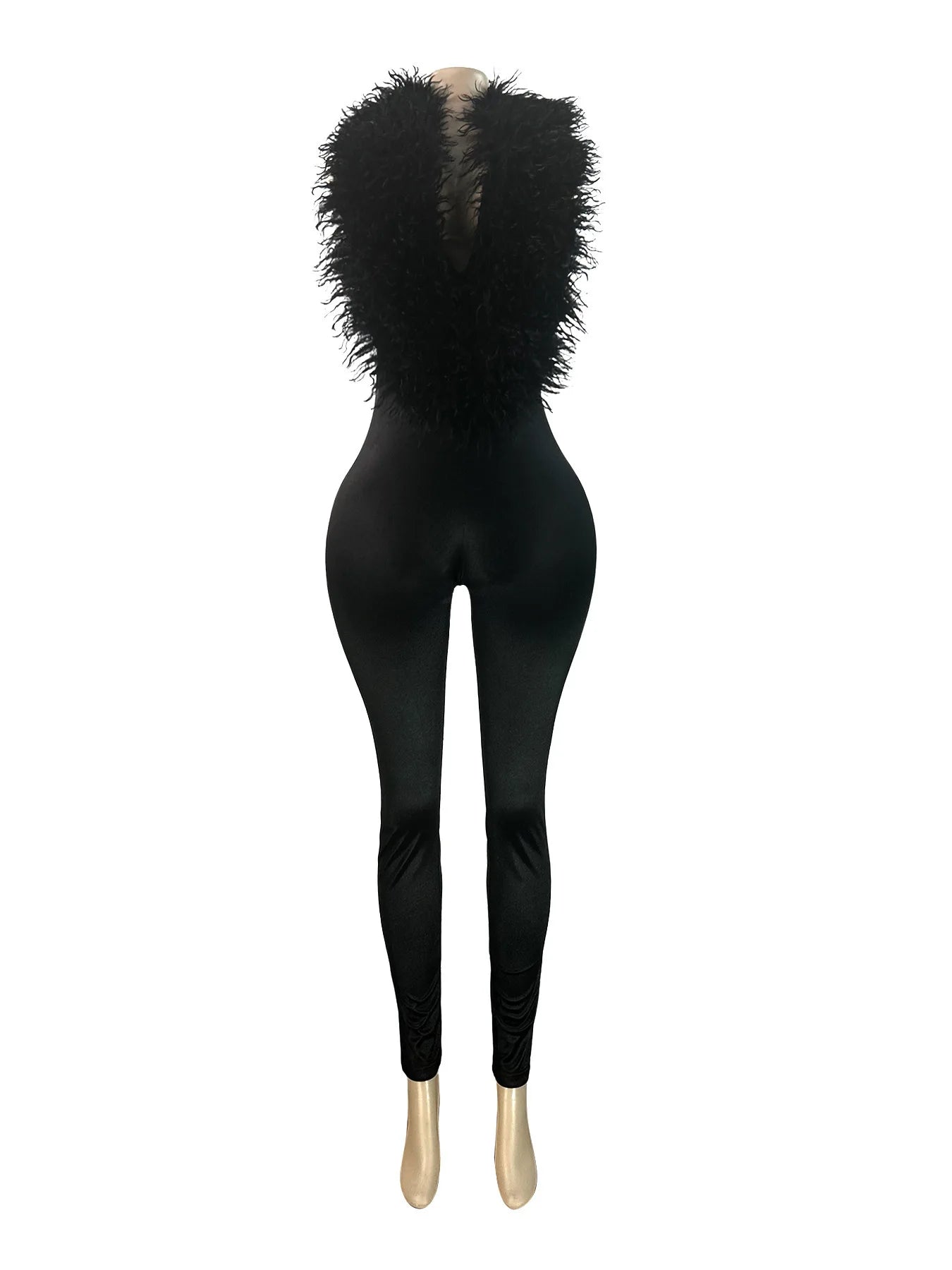FAGADOER Winter New Sexy Fur Patchwork Bodycon Jumpsuits Woman Halter Deep V-neck Sleeveless Rompers Female Streetwear Overalls