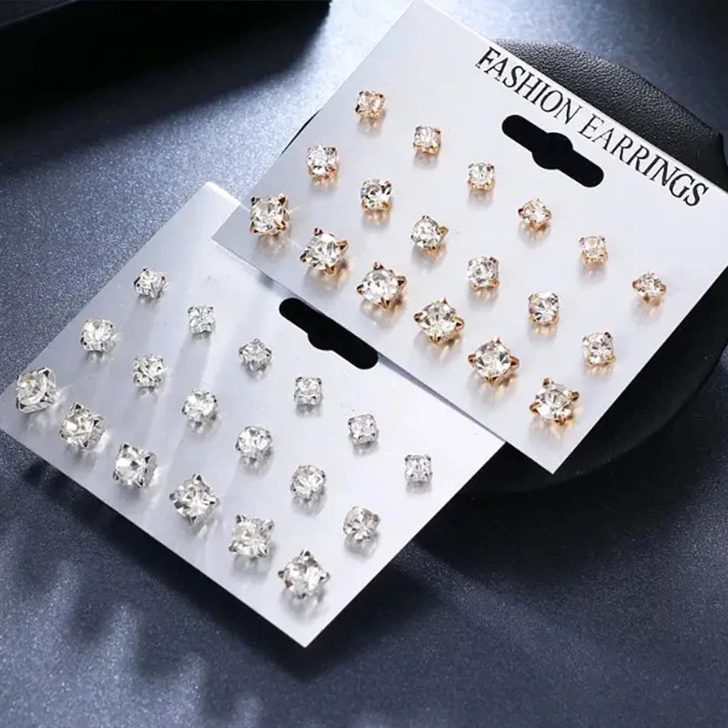 9-Pairs Sparkling Classic Stud Earrings Set for Women，Rhinestone Studded, Perfect for Everyday Wear and Festive Celebrations