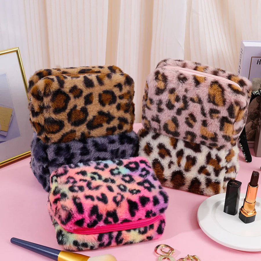 New Leopard Print Soft Plush Cosmetic Bag Makeup Bag Portable Toiletries Skincare Product Storage Bag Travel Makeup Organizer