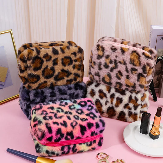 New Leopard Print Soft Plush Cosmetic Bag Makeup Bag Portable Toiletries Skincare Product Storage Bag Travel Makeup Organizer