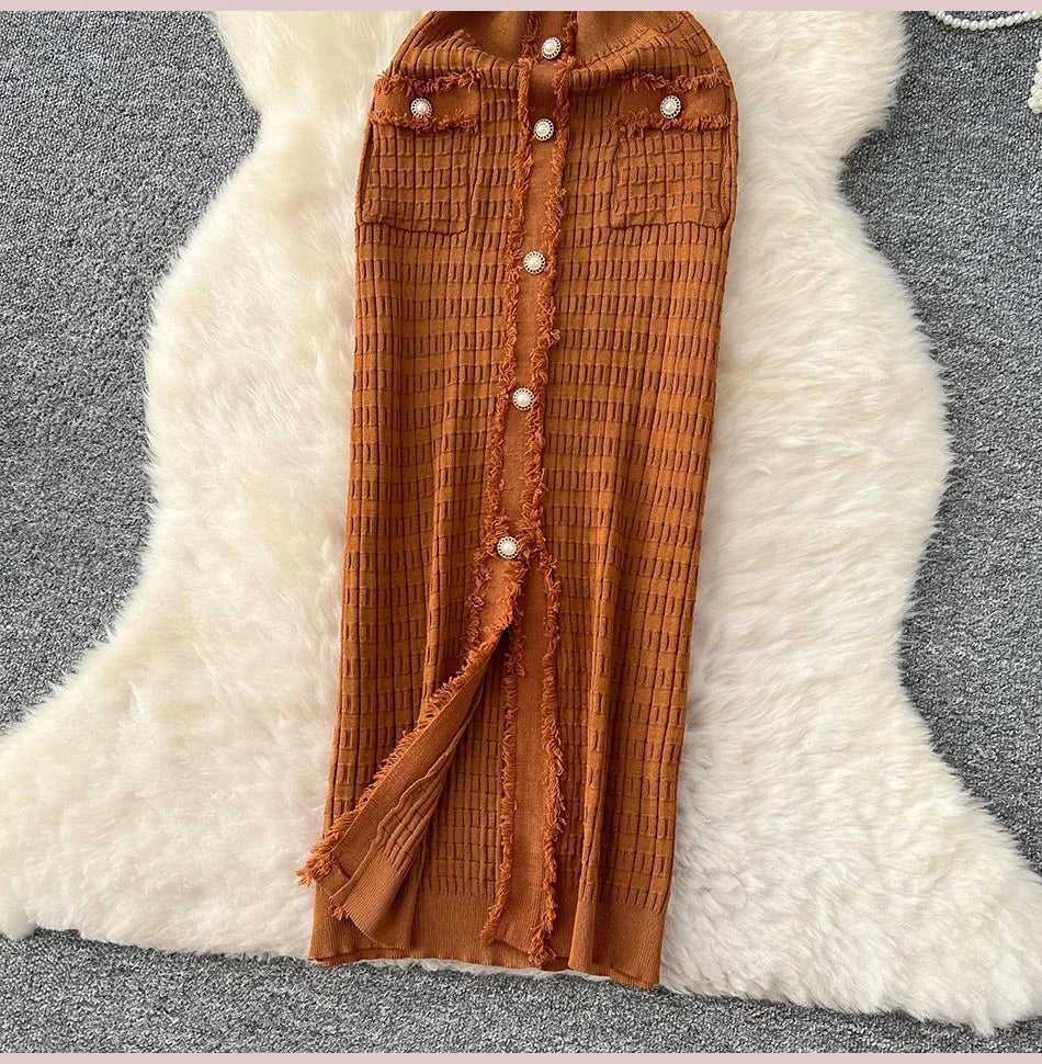 2025 New Arrival Women Knitted Long Dress Elegant V-neck Single-breasted Split Sweater Dress Office Lady Vestidos