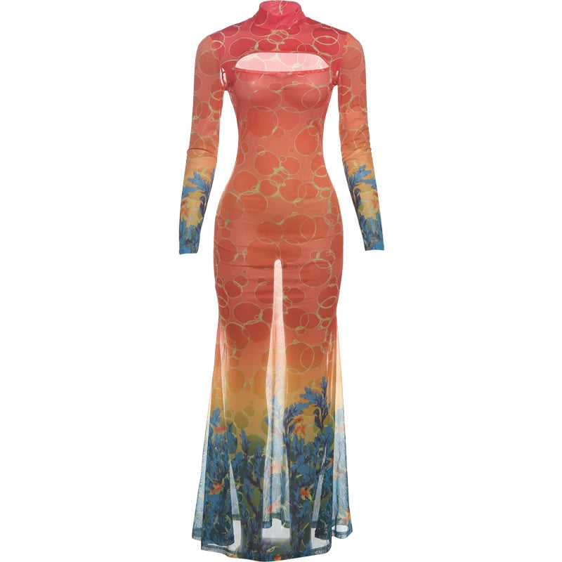 Weird Puss See Through Sexy Dress Women Hollow Hipster Colorful Print Skinny Stretch Midnight Party Clubwear Fishtail Bodycon