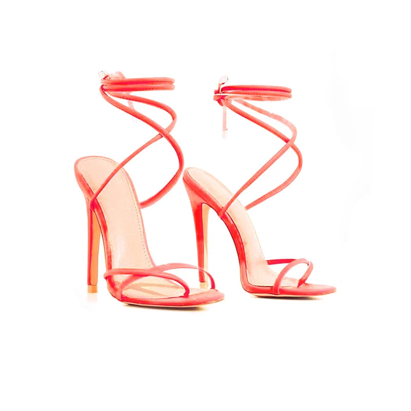 European Summer Sandals Candy Color Point Toe Lace Ankle Strap Party High Heels Pumps 11.5cm High Thin Heel Sandals Lady