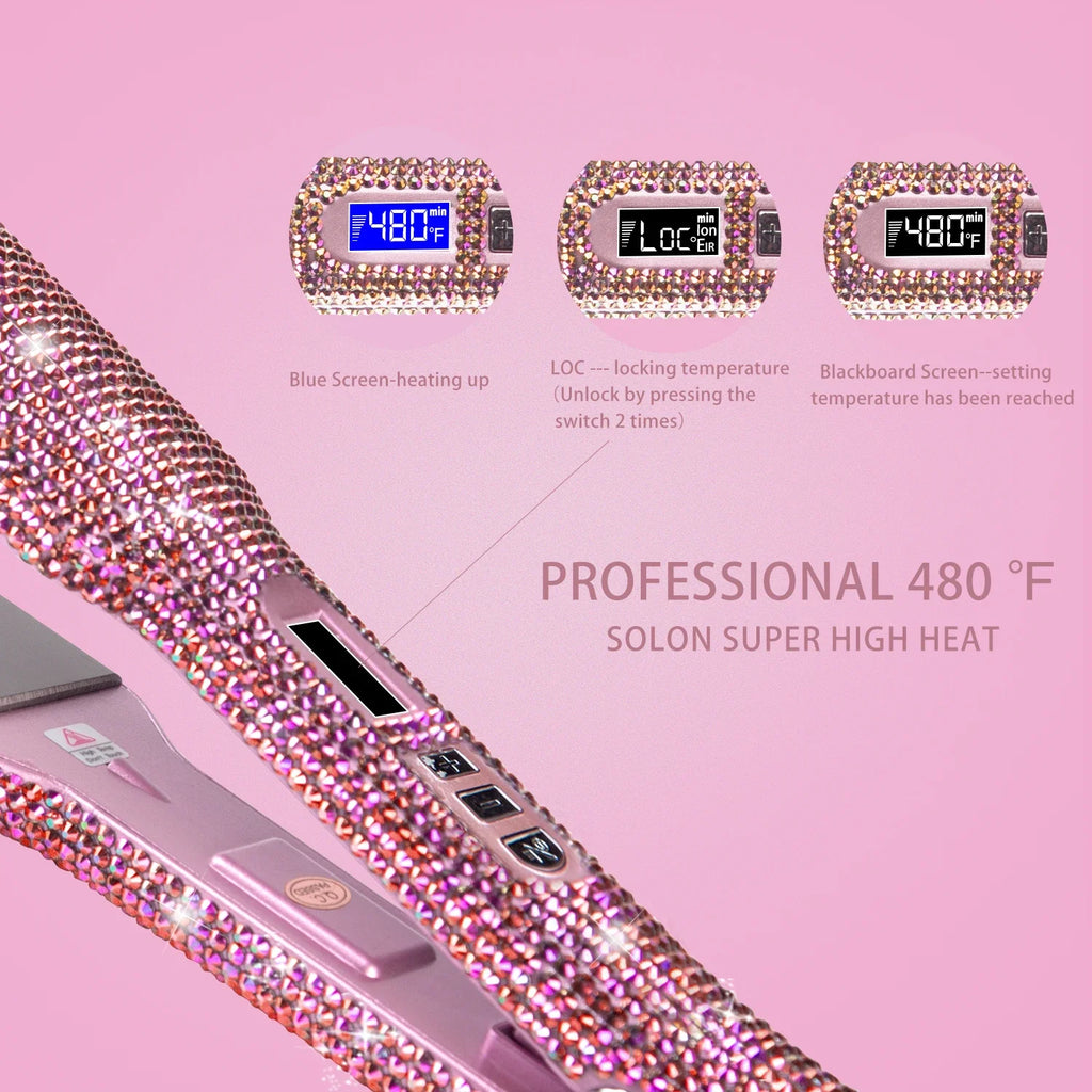 Professional Hair Straightener Rhinestone Flat Iron Titanium Dual Voltage 2 Inch LCD Display Hair Tools for Styling