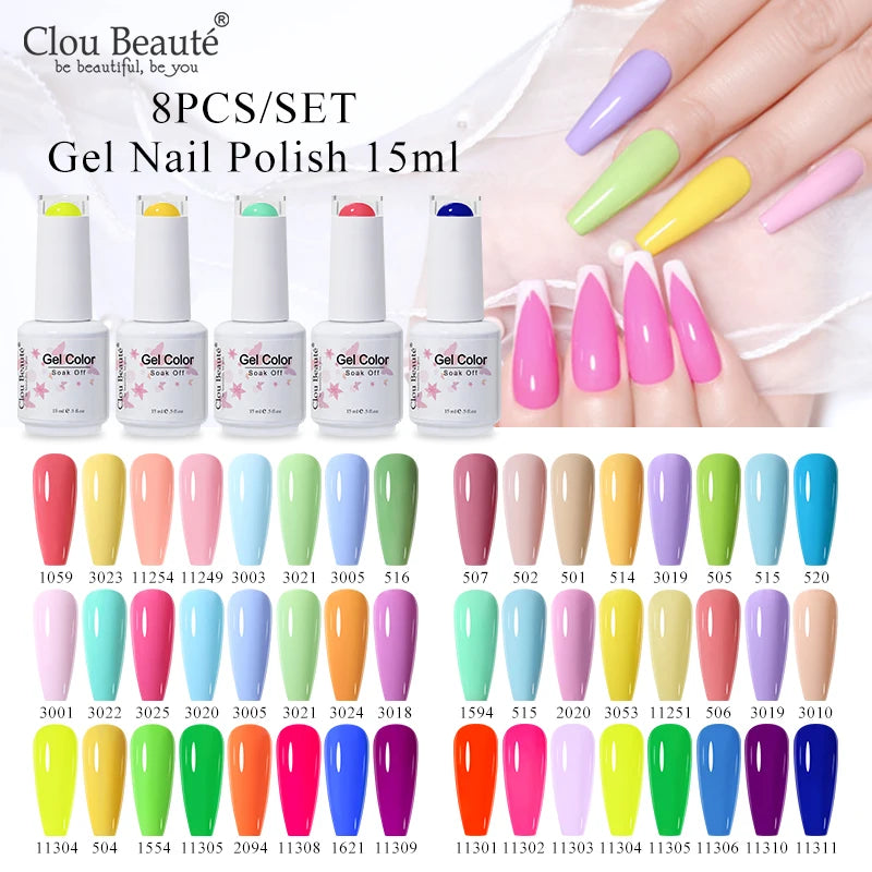 Clou Beaute 6/8pcs 15ml UV Nail Gel Colors Polish Set Summer Pretty Sugar Pink Red Neon Professional Nail Art Manicure Kit Gift