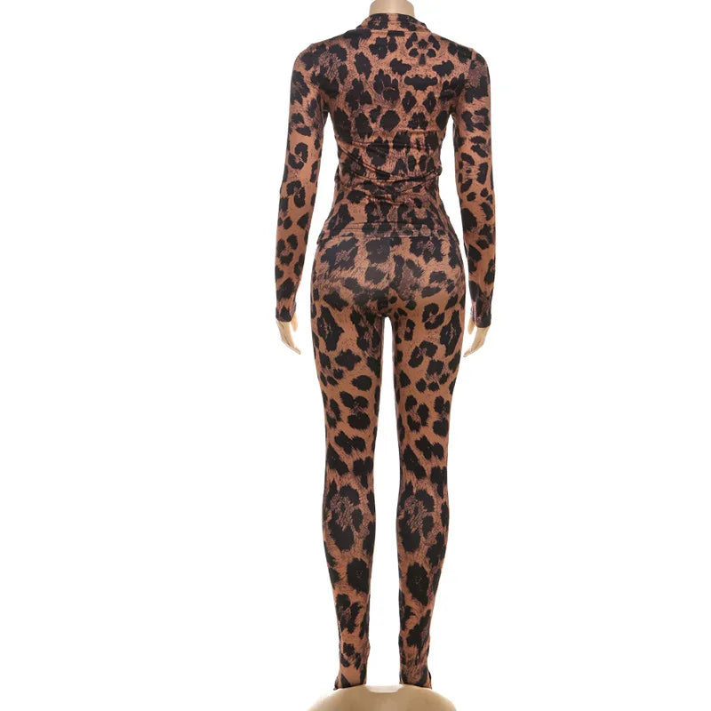 FAGADOER Sexy Leopard Print Two Piece Outfits Woman Round Neck Long Sleeves Crop Top and Skiny Pants Female Streetwear Clothing