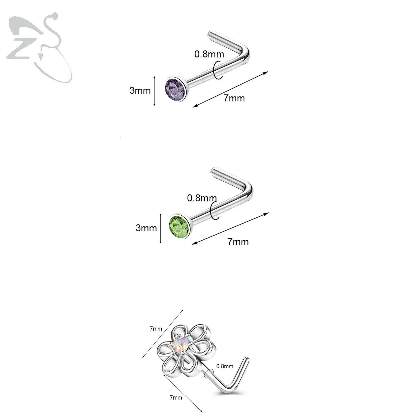 ZS 3pcs/lot 20G Stainless Steel Nose Stud Set Moon Heart Butterfly Crystal Nose Piercing Screw L Shape Nostril Piercing Jewelry