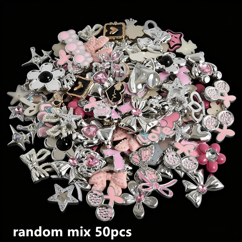 10/20/30/50pcs Random Mix Silver Color Heart Bow Star Charms For Junk Cases Flower Pink Girl Pendant DIY Hairpin Phone Case Bulk