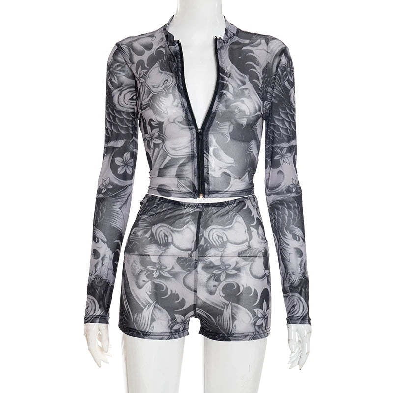 CUTENOVA Fall Women'S Sheer Patterned Print Set Zip-Up Crew Neck Long-Sleeve Top & Pleated Shorts Set Female Chic Streetwear