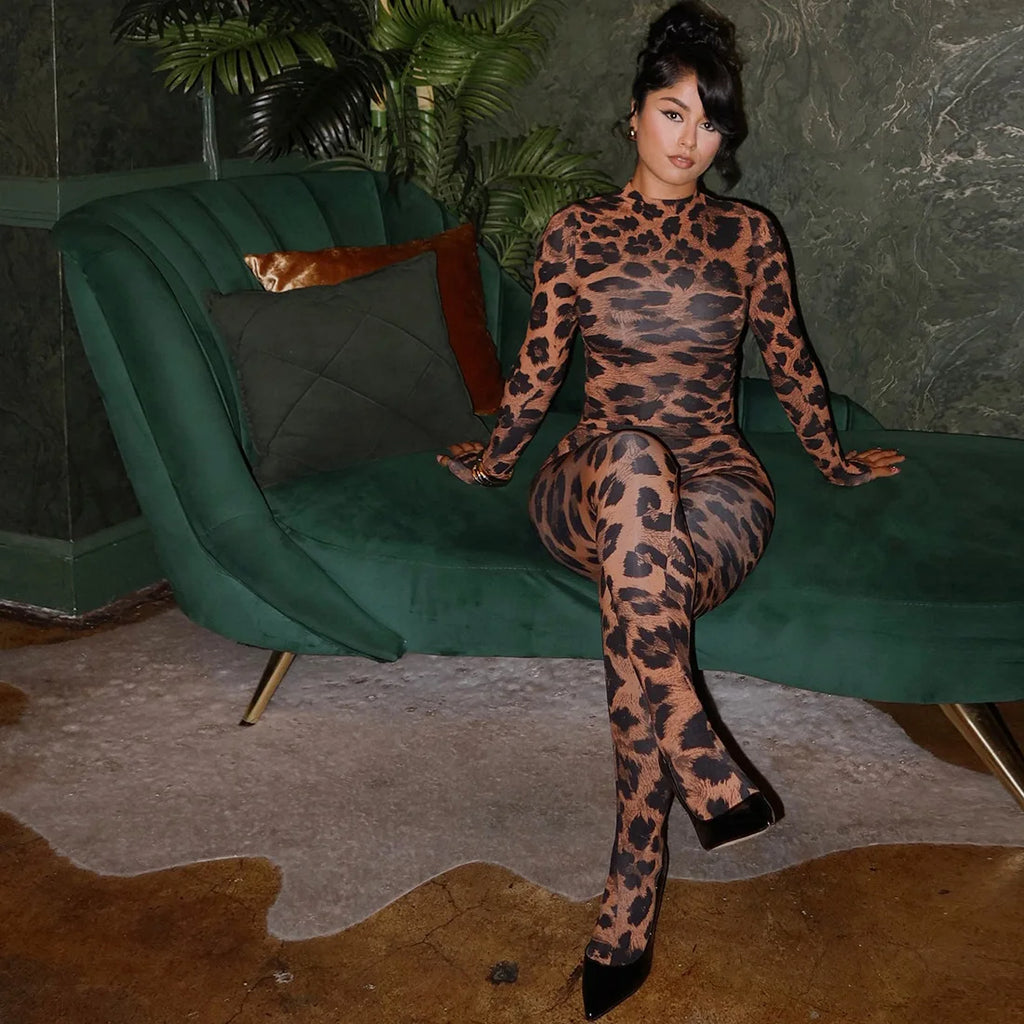 FAGADOER Sexy Leopard Print Two Piece Outfits Woman Round Neck Long Sleeves Crop Top and Skiny Pants Female Streetwear Clothing