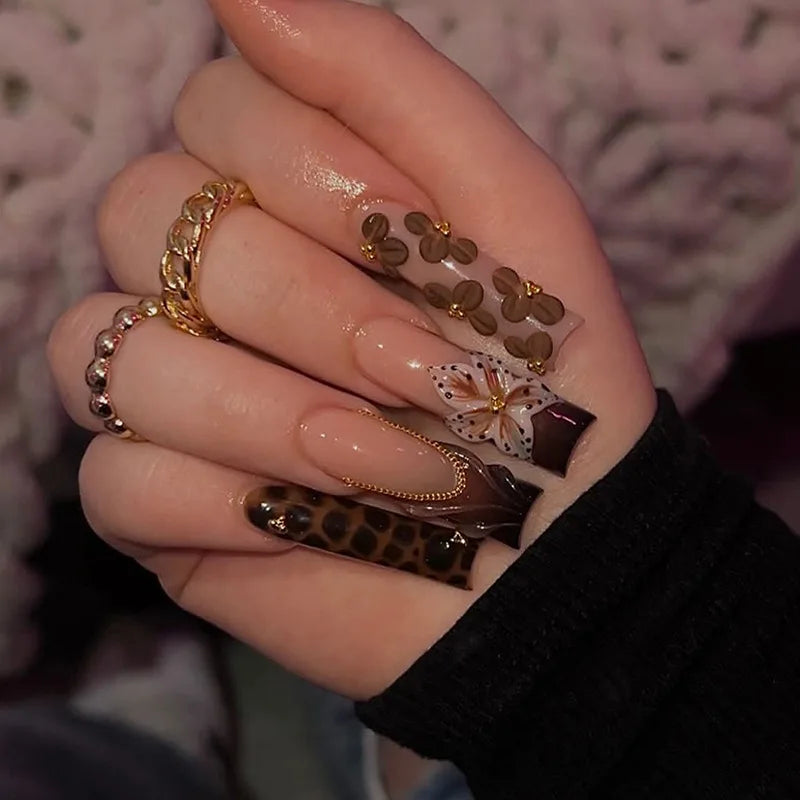 24Pcs Brown Long Coffin False Nails Glitter Ballet Wearable with French Design Fake nails Full Press on Nail Ins Nail Tips Art