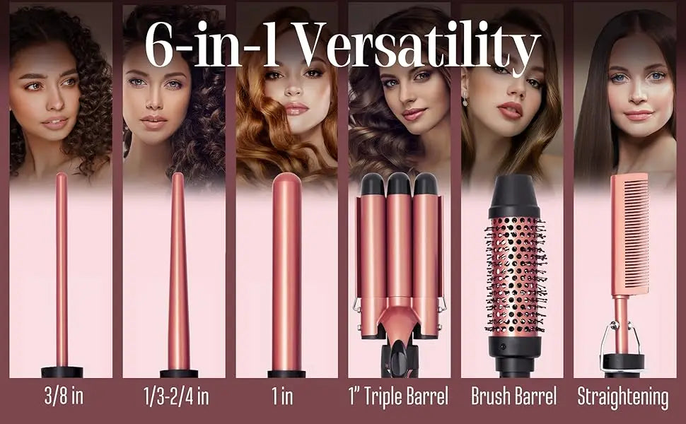Curling Iron Wand Set 6-in-1 Hair Curler with 3 Barrel Hair Crimper, Spiral Curling Iron - Fast Heating Styling Tools for Women
