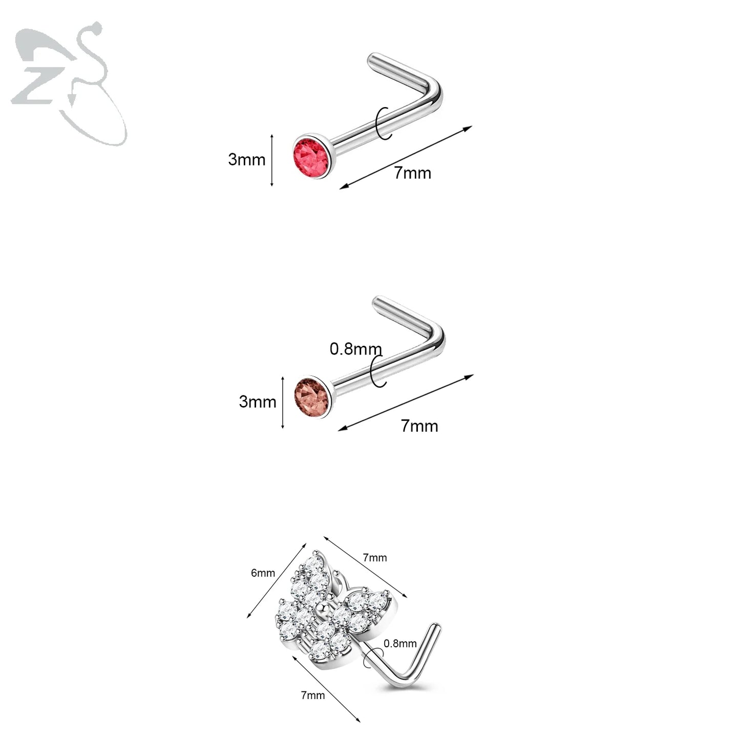 ZS 3pcs/lot 20G Stainless Steel Nose Stud Set Moon Heart Butterfly Crystal Nose Piercing Screw L Shape Nostril Piercing Jewelry