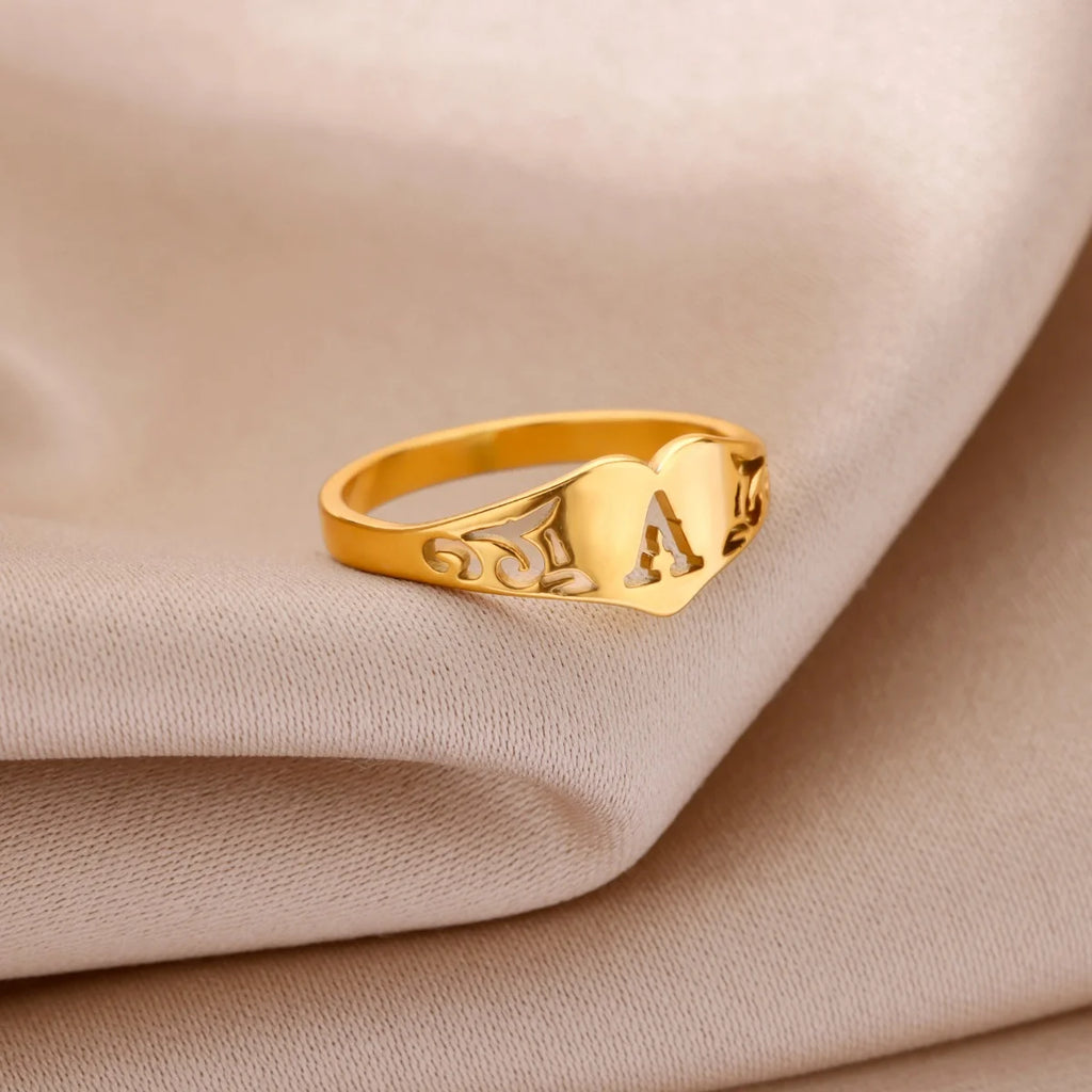 Fashion Hollow Initial Letter Heart Rings For Women Gold Color Stainless Steel A-Z Letter Ring Aesthetic Wedding Jewelry Gift