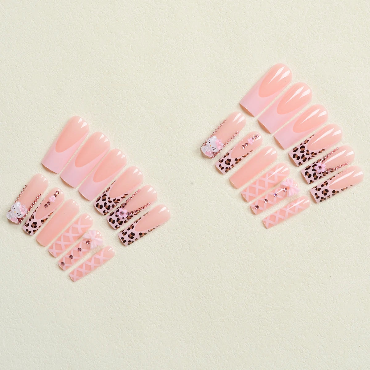 24Pcs Long Ballet Shape Nail Pink Leopard French Nail Art Patch Stereo Bow Pink Five-Petal Flower Ballet Style Fake Nail
