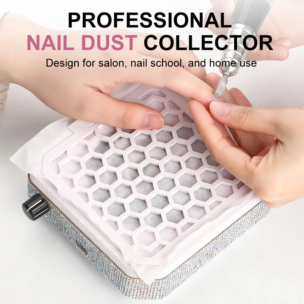 Nail Dust Collector with Rhinestones and Filter Pad, Powerful Vacuum Fan, Stepless Control Knob, Ideal for Acrylic Nail Salon To
