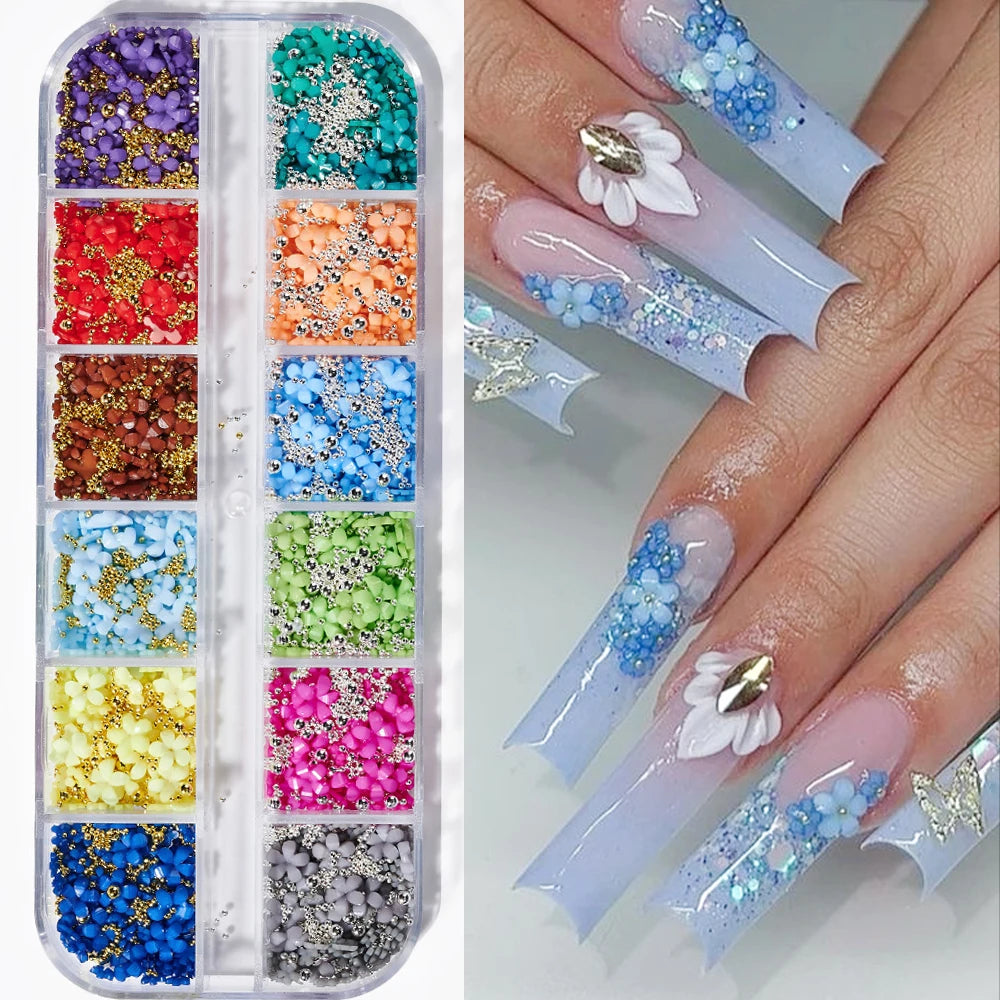 12/15Grids Acrylic Flower Nail Charms Mix Colors Set 3D Flower Nail Art Rhinestones Mixed Blossom Spring Gems DIY Nail Supplies