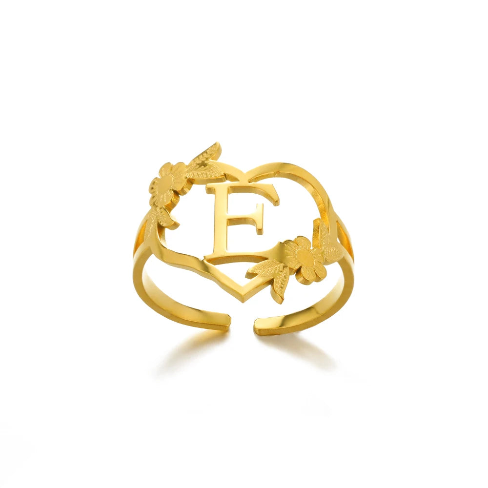 Stainless Steel Gold Color Heart A-Z Letter Rings For Women Anillos Mujer Love Open Initials Name Alphabet Ring Jewelry Gift
