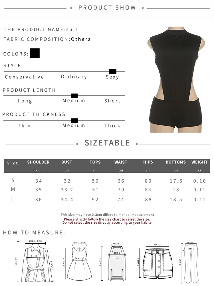 Nibber Stretch Coquette Women 2 Piece Set hipster Sexy Ruched Shoulder Side Split Bodysuit+Shorts Matching Midnight Clubwear