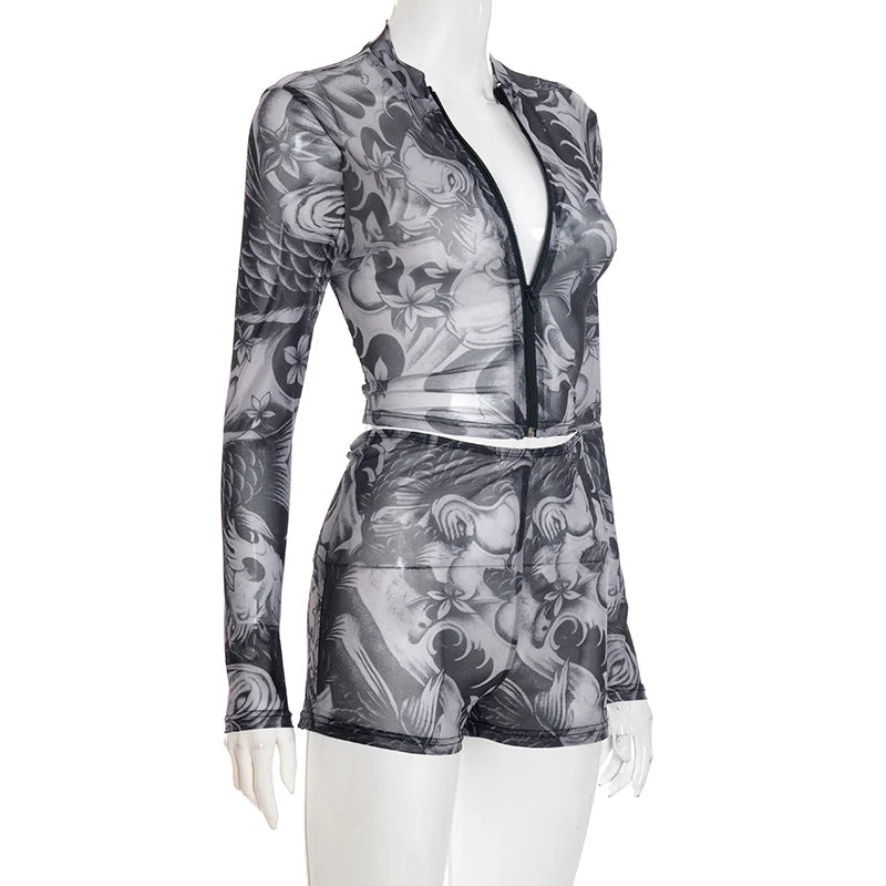 CUTENOVA Fall Women'S Sheer Patterned Print Set Zip-Up Crew Neck Long-Sleeve Top & Pleated Shorts Set Female Chic Streetwear