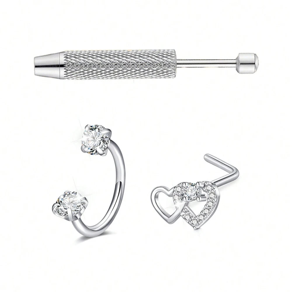 3pcs/Set Heart Horseshoe Nose Ring Nose Studs, Silver Gold Nose Ring, Stainless Steel Nose Piercing Jewelry For Women Man