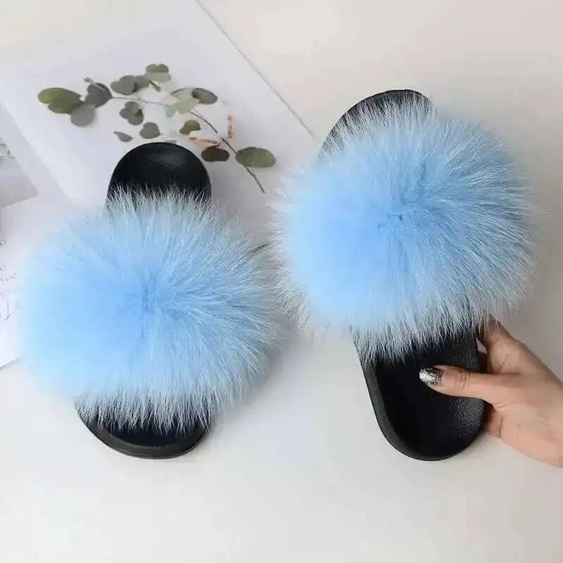 Ladies Real Fox Fur Slippers Summer Female Slides New Fuzzy Indoor Home Flats Women Cute Sandals Outdoor Beach Shoes Flip Flops