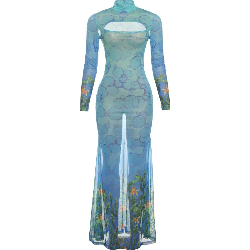 Weird Puss See Through Sexy Dress Women Hollow Hipster Colorful Print Skinny Stretch Midnight Party Clubwear Fishtail Bodycon