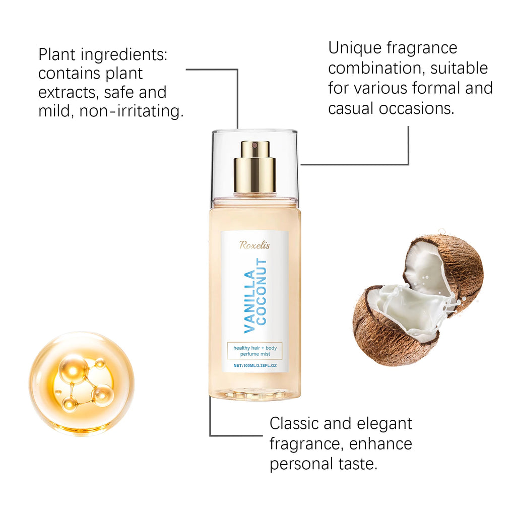 Vanilla Coconut Body Hair Mist - Long Lasting Fresh Romantic Fragrance, Travel Size Portable Spray Women Men Daily & Dating Use