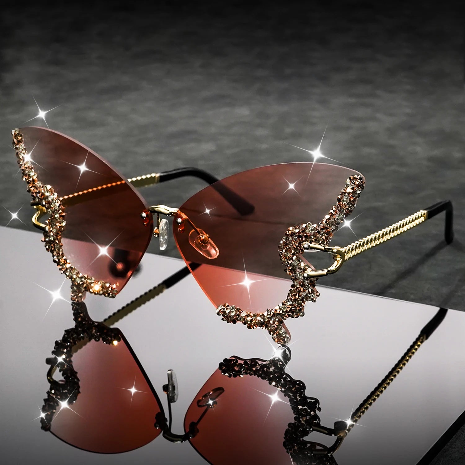 Butterfly Rimless Fashion Sunglasses for Women Men Bling Rhinestone Gradient Decorative Glasses for Costume Party