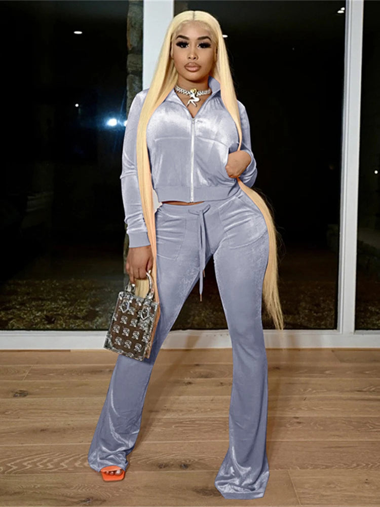 Kliou Solid Velour Two Piece Set Women Simple Casual Zipper Long Sleeve Turtleneck Top+Bandage Lace Slim Female Wide Leg Pants