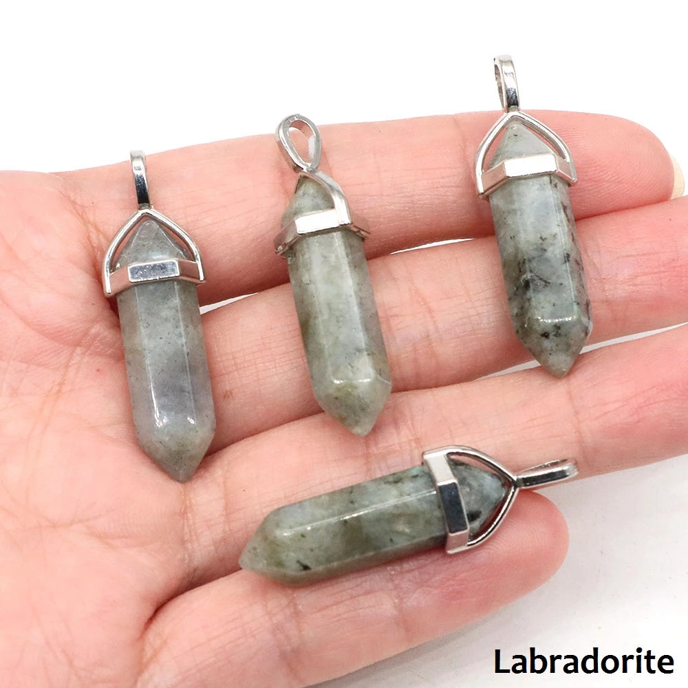 1PC Hexagonal Chakra Crystal Pendant Bullet Shape Natural Gemstone Pointed Quartz Stone Pendants for DIY Necklace Jewelry Making