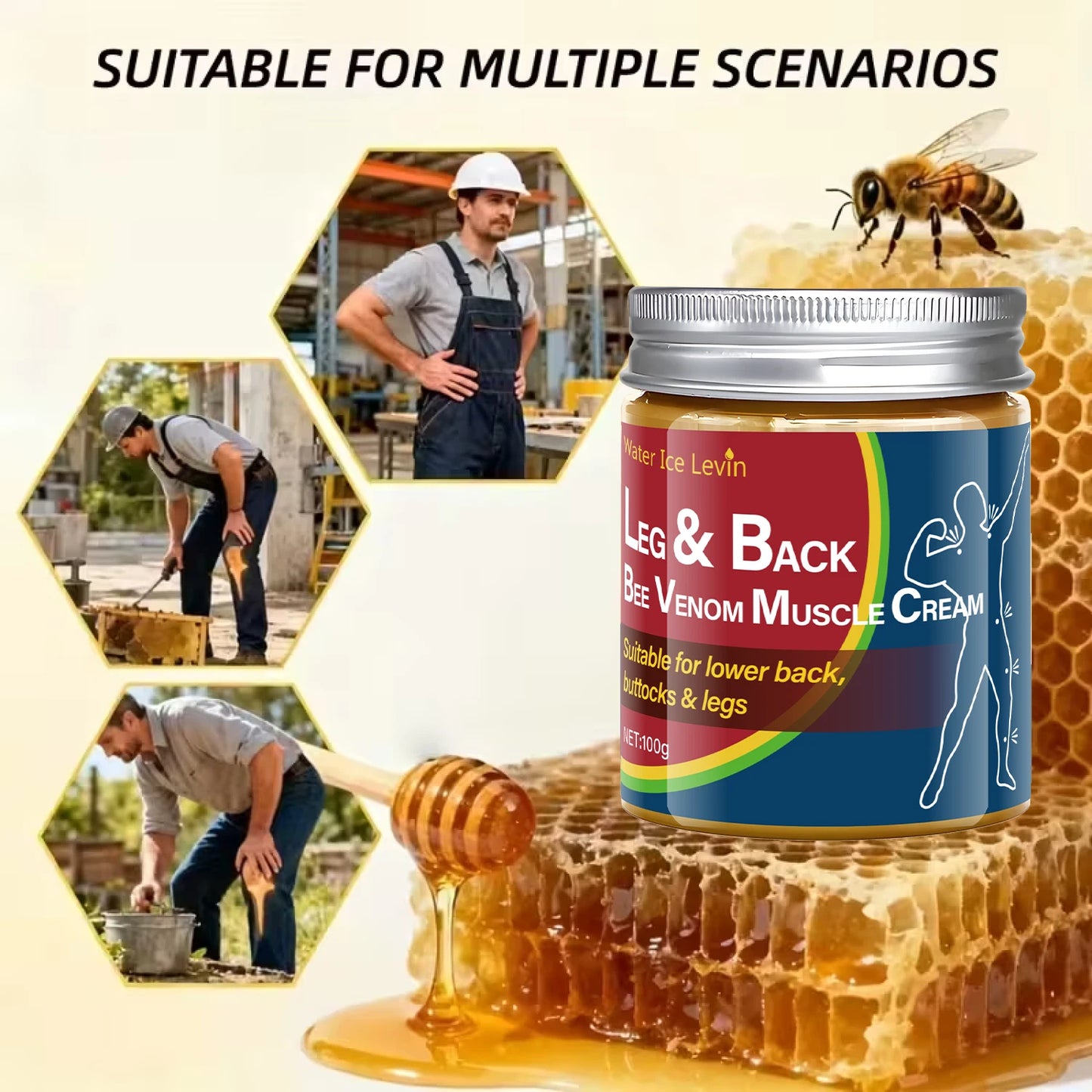 Leg & Back Bee Venom Muscle Cream for Lower Back, Buttocks & Legs - Moisturizing, Protective Formula for Elastic Skin.