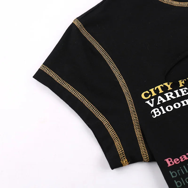 Hollow Out Crop Top Women Summer Aesthetic Clothes Printing Y2k Accessories O-Neck Ropa De Mujer Sexy Roupas Femininas Estilosas