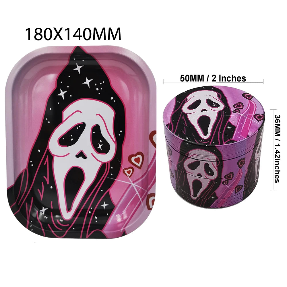 Herb Grinder With Rolling Tray 180*140MM Tobacco Smoke Roller 50MM Grinder 4 layers Kit Bear Ghost Print