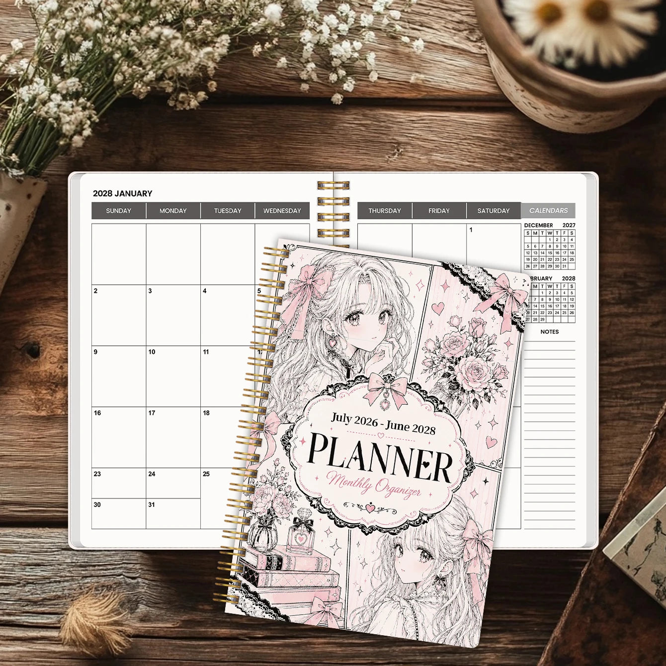 2026-2028 Monthly Planner, Pink Manga Girl Cover Spiral Calendar Notebook, PP Cover, 100GSM Paper, Mini Calendars